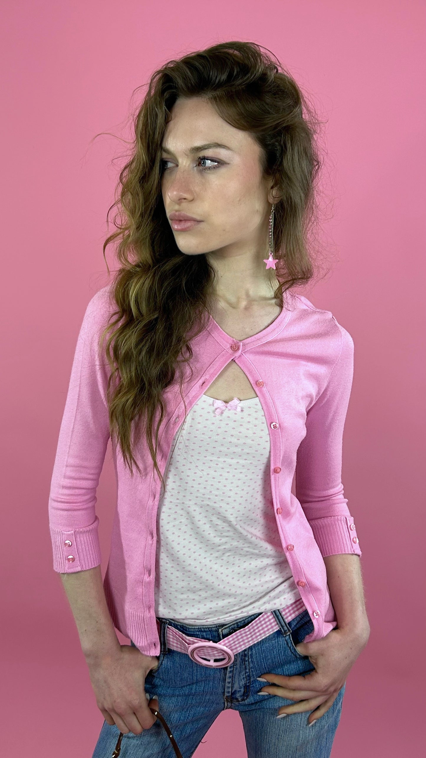 Gilet maille à bouton rose y2k