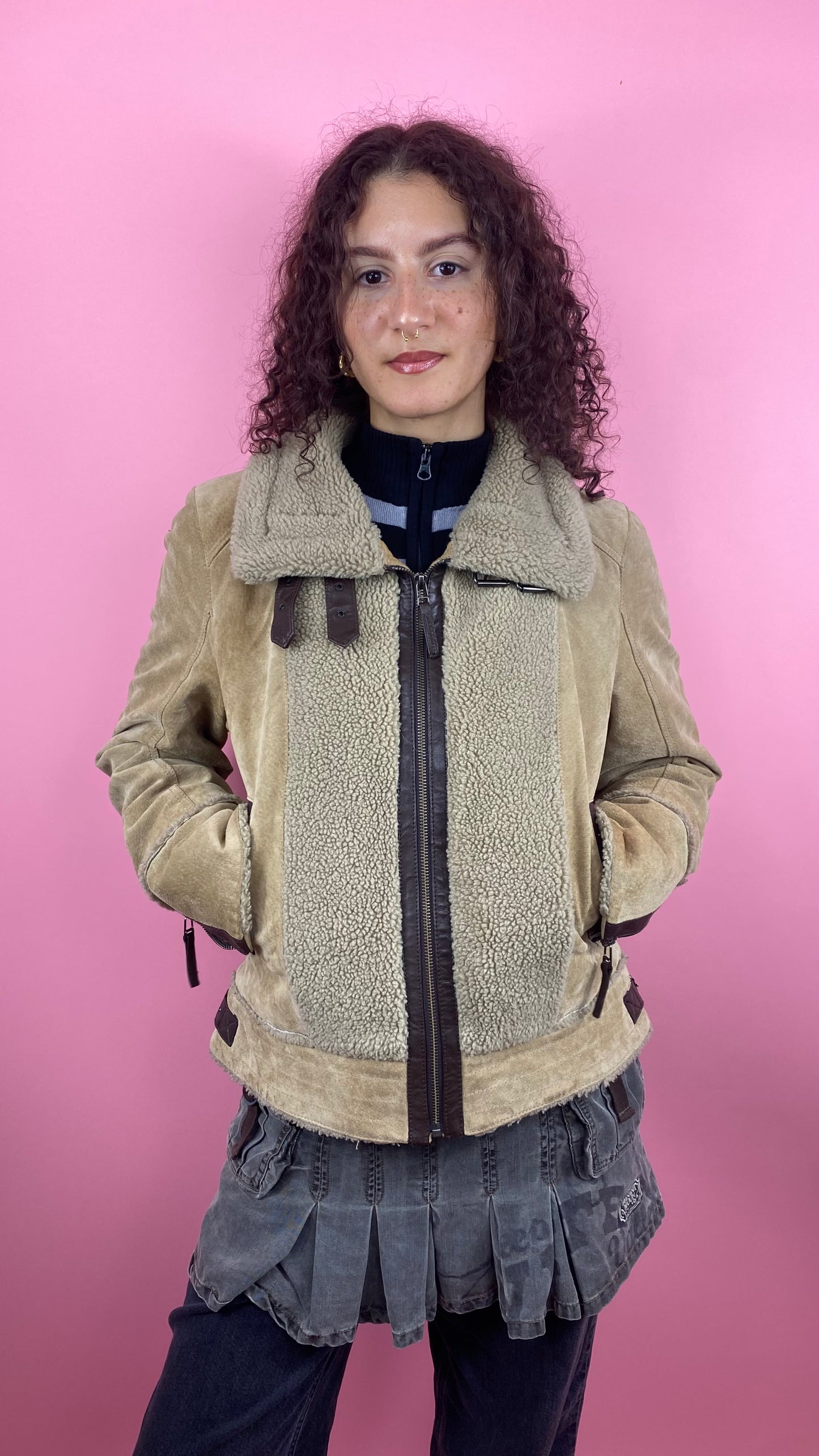 Veste beige cuir et peau