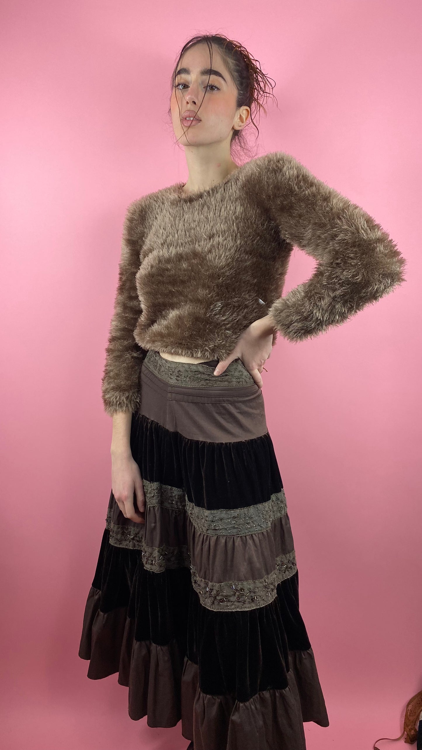 Pull marron glacé poils