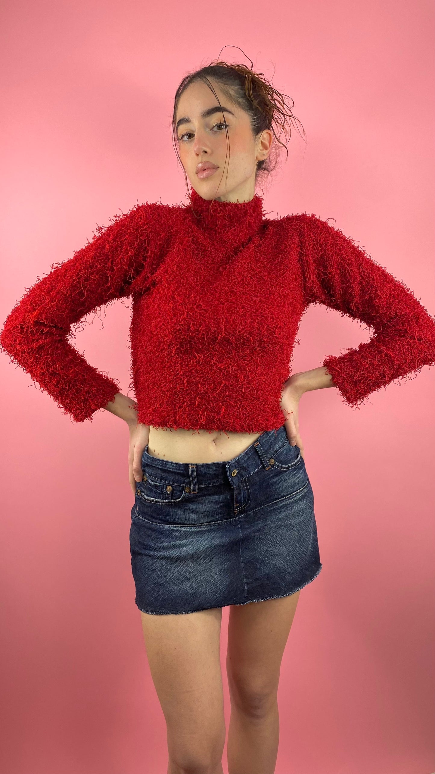 Pull rouge à poils