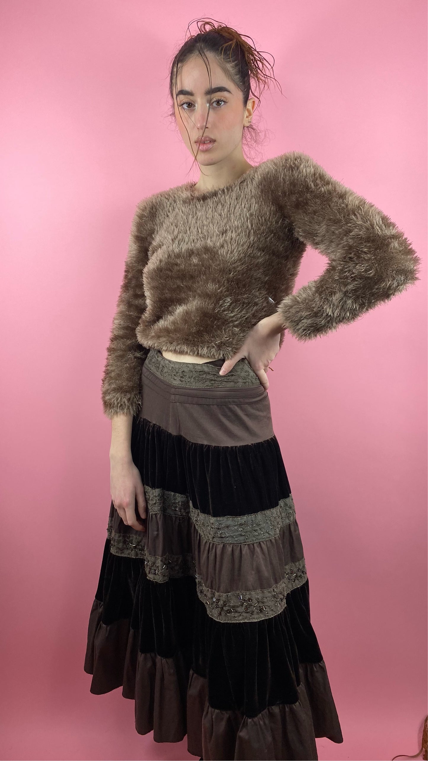 Pull marron glacé poils