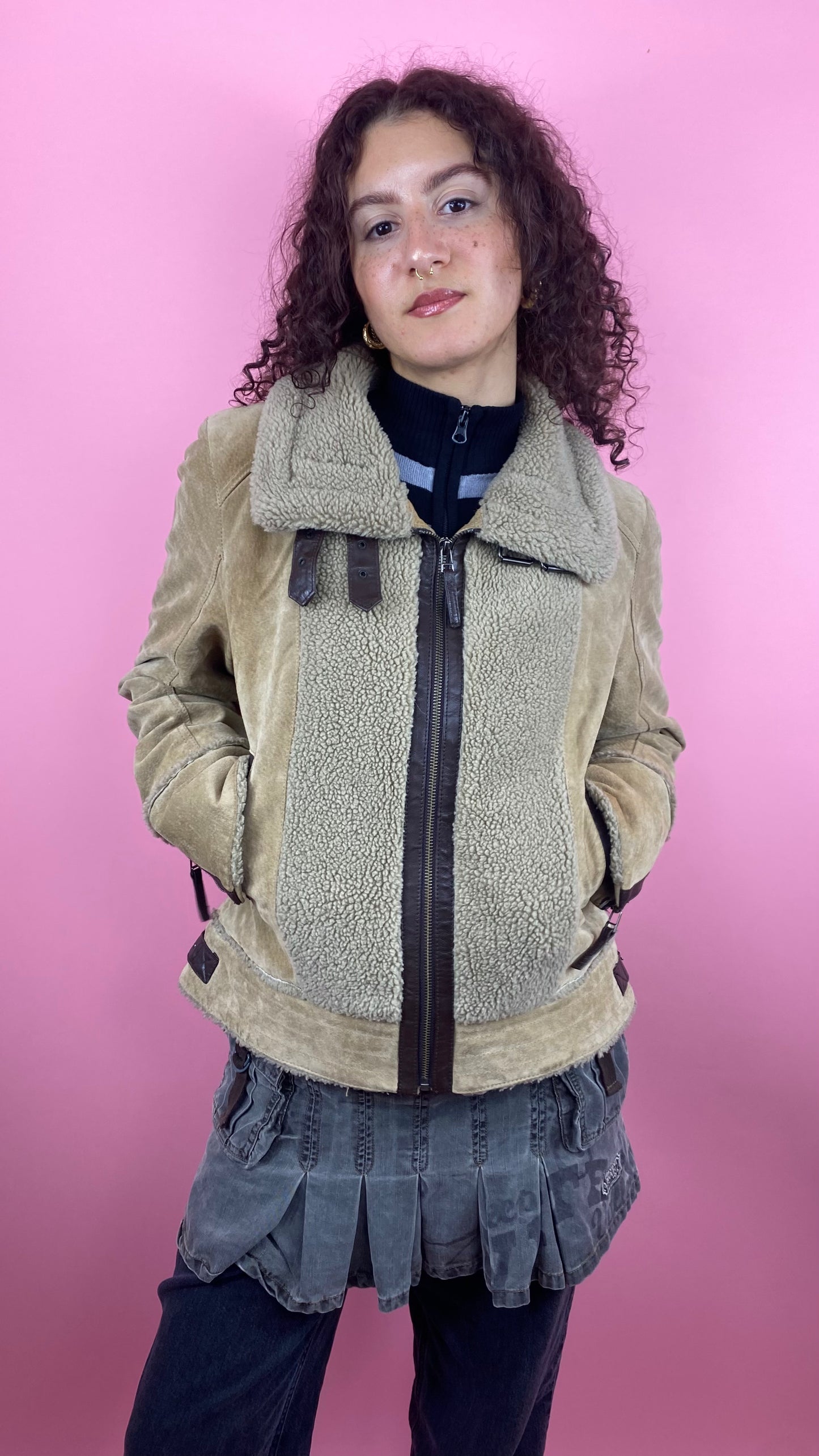 Veste beige cuir et peau