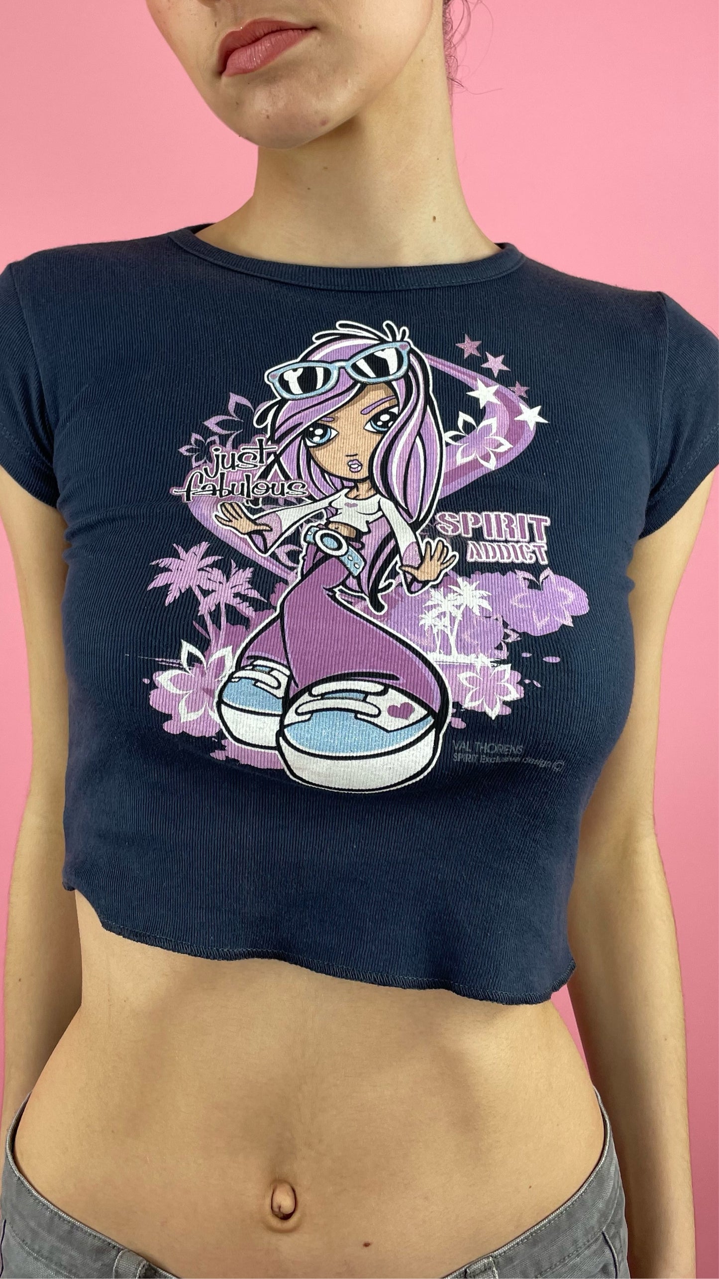 Baby tee bleu dessin violet