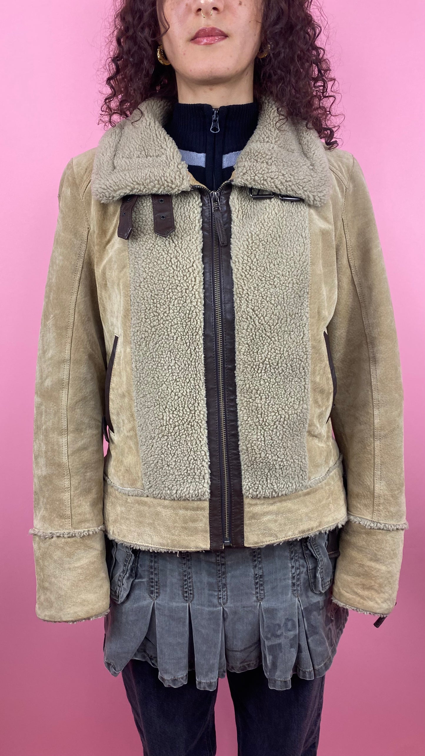Veste beige cuir et peau