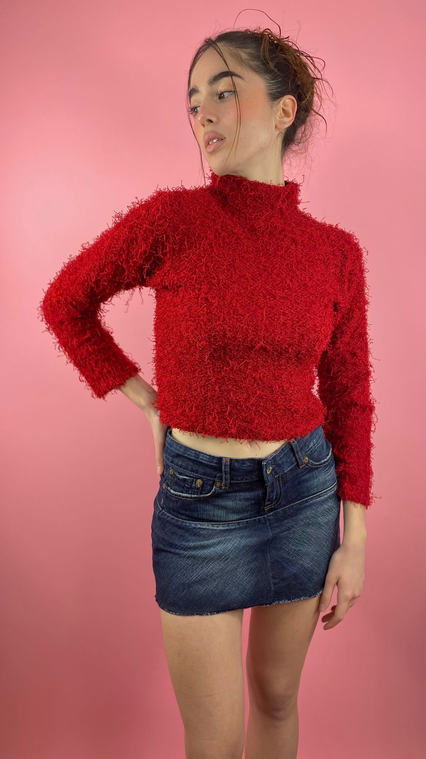 Pull rouge à poils