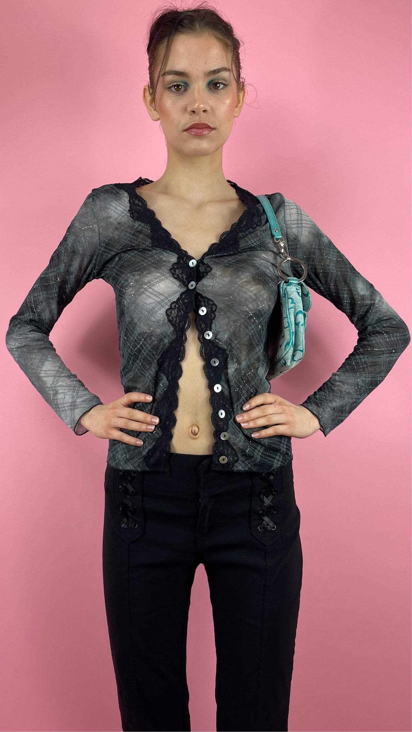 Top en mesh gris et noir