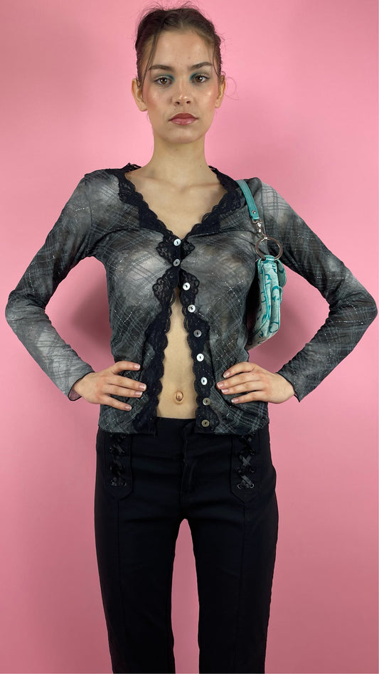 Top en mesh gris et noir